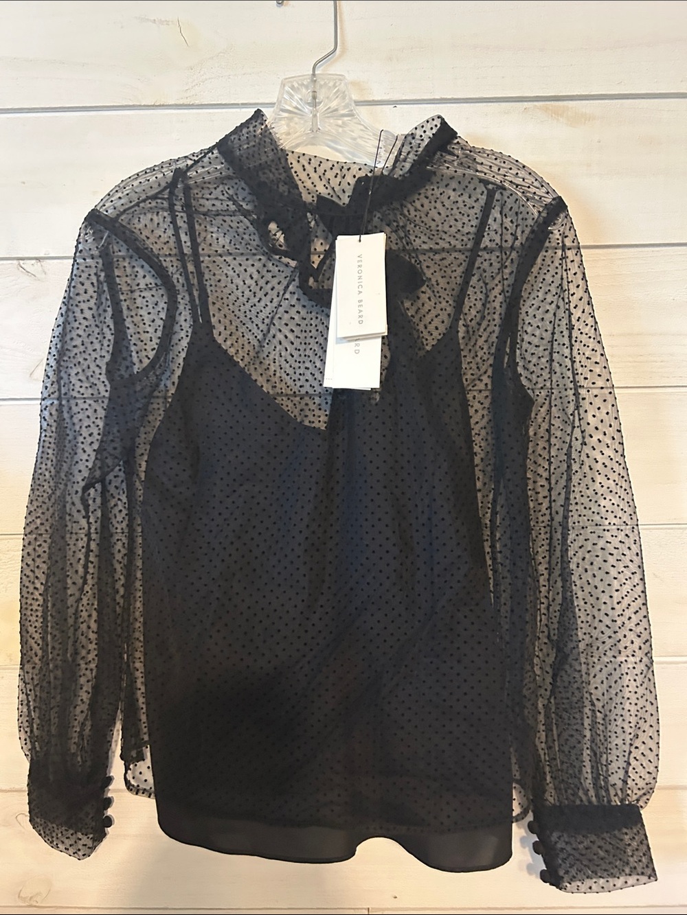 Veronica Bears Sheer Black Dot Mesh Blouse with Camisole NWT!